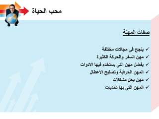 ‫الحٌاة‬ ‫محب‬
‫المهنة‬ ‫صفات‬
‫مختلفة‬ ‫مجاالت‬ ‫فى‬ ‫ٌنجح‬
‫الكثٌرة‬ ‫والحركة‬ ‫السفر‬ ‫مهن‬
‫االدوات‬ ‫فٌها‬ ‫ٌستخدم‬ ‫التى‬ ‫مهن‬ ‫ٌفضل‬
‫االعطال‬ ‫وتصلٌح‬ ‫الحرفٌة‬ ‫المهن‬
‫مشكالت‬ ‫بحل‬ ‫مهن‬
‫تحدٌات‬ ‫بها‬ ‫التى‬ ‫المهن‬
 