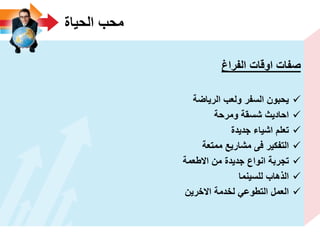 ‫الحٌاة‬ ‫محب‬
‫الفراغ‬ ‫اوقات‬ ‫صفات‬
‫الرٌاضة‬ ‫ولعب‬ ‫السفر‬ ‫ٌحبون‬
‫ومرحة‬ ‫شسقة‬ ‫احادٌث‬
‫جدٌدة‬ ‫اشٌاء‬ ‫تعلم‬
‫ممتعة‬ ‫مشارٌع‬ ‫فى‬ ‫التفكٌر‬
‫االطعمة‬ ‫من‬ ‫جدٌدة‬ ‫انواع‬ ‫تجربة‬
‫للسٌنما‬ ‫الذهاب‬
‫االخرٌن‬ ‫لخدمة‬ ً‫التطوع‬ ‫العمل‬
 