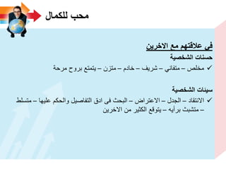 ‫للكمال‬ ‫محب‬
‫االخرٌن‬ ‫مع‬ ‫عالقتهم‬ ً‫ف‬
‫الشخصٌة‬ ‫حسنات‬
‫مخلص‬–ً‫متفان‬–‫شرٌف‬–‫خادم‬–‫متزن‬–‫مرحة‬ ‫بروح‬ ‫ٌتمتع‬
‫الشخصٌة‬ ‫سٌئات‬
‫االنتقاد‬–‫الجدل‬–‫االعتراض‬–‫علٌها‬ ‫والحكم‬ ‫التفاصٌل‬ ‫ادق‬ ‫فى‬ ‫البحث‬–‫متسلط‬
–‫برأٌه‬ ‫متشبث‬–‫االخرٌن‬ ‫من‬ ‫الكثٌر‬ ‫ٌتوقع‬
 