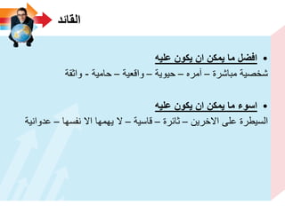 ‫القائد‬
•‫علٌه‬ ‫ٌكون‬ ‫ان‬ ‫ٌمكن‬ ‫ما‬ ‫افضل‬
‫مباشرة‬ ‫شخصٌة‬–‫آمره‬–‫حٌوٌة‬–‫واقعٌة‬–‫حامٌة‬-‫واثقة‬
•‫علٌه‬ ‫ٌكون‬ ‫ان‬ ‫ٌمكن‬ ‫ما‬ ‫اسوء‬
‫االخرٌن‬ ‫على‬ ‫السٌطرة‬–‫ثائرة‬–‫قاسٌة‬–‫نفسها‬ ‫اال‬ ‫ٌهمها‬ ‫ال‬–‫عدوانٌة‬
 