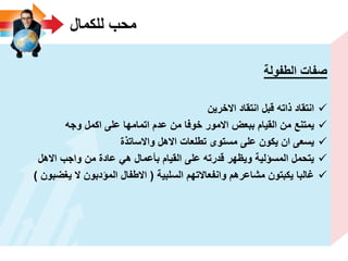 ‫للكمال‬ ‫محب‬
‫الطفولة‬ ‫صفات‬
‫االخرٌن‬ ‫انتقاد‬ ‫قبل‬ ‫ذاته‬ ‫انتقاد‬
‫وجه‬ ‫اكمل‬ ‫على‬ ‫اتمامها‬ ‫عدم‬ ‫من‬ ‫خوفا‬ ‫االمور‬ ‫ببعض‬ ‫القٌام‬ ‫من‬ ‫ٌمتنع‬
‫واالساتذة‬ ‫االهل‬ ‫تطلعات‬ ‫مستوى‬ ‫على‬ ‫ٌكون‬ ‫ان‬ ‫ٌسعى‬
‫االهل‬ ‫واجب‬ ‫من‬ ‫عادة‬ ً‫ه‬ ‫بأعمال‬ ‫القٌام‬ ‫على‬ ‫قدرته‬ ‫وٌظهر‬ ‫المسؤلٌة‬ ‫ٌتحمل‬
‫السلبٌة‬ ‫وانفعاالتهم‬ ‫مشاعرهم‬ ‫ٌكبتون‬ ‫ؼالبا‬(‫ٌؽضبون‬ ‫ال‬ ‫المؤدبون‬ ‫االطفال‬)
 