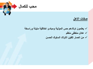 ‫للكمال‬ ‫محب‬
‫االهل‬ ‫صفات‬
‫وراسخة‬ ‫متٌنة‬ ‫اخالقٌة‬ ‫ومبادئ‬ ‫المؤلٌة‬ ‫حس‬ ‫اوالدهم‬ ‫ٌعلمون‬
‫منظم‬ ‫منطقى‬ ‫عادل‬
‫الحسن‬ ‫السلوك‬ ‫االوالد‬ ‫تلقٌن‬ ‫انصار‬ ‫من‬
 