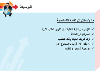 ‫الوسٌط‬
‫الشخصٌة‬ ‫تفعله‬ ‫ان‬ ‫ٌمكن‬ ‫ال‬ ‫ما‬
‫كثٌرا‬ ‫الطلب‬ ‫تكرار‬ ‫او‬ ‫الطلبات‬ ‫كثرة‬ ‫من‬ ‫التزمر‬
‫العائلة‬ ‫فى‬ ‫الصراغ‬
‫الؽضب‬ ‫وقت‬ ‫الحٌاة‬ ‫شرٌك‬ ‫ترك‬
‫االن‬ ‫باالستماع‬ ‫اؼرب‬ ‫ال‬ ‫ٌقول‬ ‫ان‬
‫وانتقاده‬ ‫شخص‬ ‫مواجهة‬
 