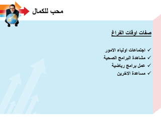 ‫للكمال‬ ‫محب‬
‫الفراغ‬ ‫اوقات‬ ‫صفات‬
‫االمور‬ ‫اولٌاء‬ ‫اجتماعات‬
‫الصحٌة‬ ‫البرامج‬ ‫مشاهدة‬
‫رٌاضٌة‬ ‫برامج‬ ‫عمل‬
‫االخرٌن‬ ‫مساعدة‬
 