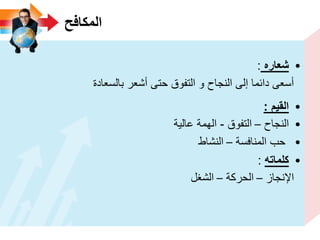 ‫المكافح‬
•‫شعاره‬:
‫بالسعادة‬ ‫أشعر‬ ‫حتى‬ ‫التفوق‬ ‫و‬ ‫النجاح‬ ‫إلى‬ ‫دائما‬ ‫أسعى‬
•‫القٌم‬:
•‫النجاح‬–‫التفوق‬-‫عالٌة‬ ‫الهمة‬
•‫المنافسة‬ ‫حب‬–‫النشاط‬
•‫كلماته‬:
‫اإلنجاز‬–‫الحركة‬–‫الشغل‬
 