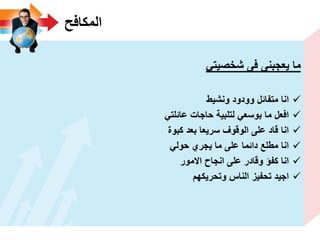 ‫المكافح‬
ً‫شخصٌت‬ ‫فى‬ ‫ٌعجبنى‬ ‫ما‬
‫ونشٌط‬ ‫وودود‬ ‫متفائل‬ ‫انا‬
ً‫عائلت‬ ‫حاجات‬ ‫لتلبٌة‬ ً‫بوسع‬ ‫ما‬ ‫افعل‬
‫كبوة‬ ‫بعد‬ ‫سرٌعا‬ ‫الوقوؾ‬ ‫على‬ ‫قاد‬ ‫انا‬
ً‫حول‬ ‫ٌجري‬ ‫ما‬ ‫على‬ ‫دائما‬ ‫مطلع‬ ‫انا‬
‫االمور‬ ‫انجاح‬ ‫على‬ ‫وقادر‬ ‫كفؤ‬ ‫انا‬
‫وتحرٌكهم‬ ‫الناس‬ ‫تحفٌز‬ ‫اجٌد‬
 