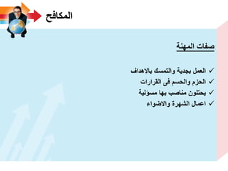 ‫المكافح‬
‫المهنة‬ ‫صفات‬
‫باالهداؾ‬ ‫والتمسك‬ ‫بجدٌة‬ ‫العمل‬
‫القرارات‬ ‫فى‬ ‫والحسم‬ ‫الحزم‬
‫مسؤلٌة‬ ‫بها‬ ‫مناصب‬ ‫ٌحتلون‬
‫واالضواء‬ ‫الشهرة‬ ‫اعمال‬
 