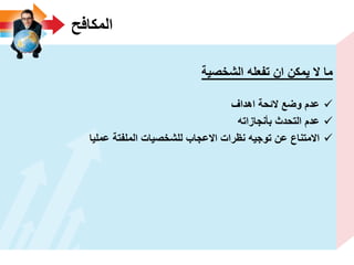 ‫المكافح‬
‫الشخصٌة‬ ‫تفعله‬ ‫ان‬ ‫ٌمكن‬ ‫ال‬ ‫ما‬
‫اهداؾ‬ ‫الئحة‬ ‫وضع‬ ‫عدم‬
‫بأنجازاته‬ ‫التحدث‬ ‫عدم‬
‫عملٌا‬ ‫الملفتة‬ ‫للشخصٌات‬ ‫االعجاب‬ ‫نظرات‬ ‫توجٌه‬ ‫عن‬ ‫االمتناع‬
 