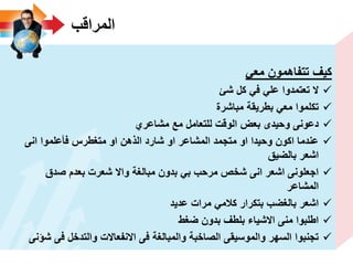 ‫المراقب‬
ً‫مع‬ ‫تتفاهمون‬ ‫كٌؾ‬
‫شئ‬ ‫كل‬ ً‫ف‬ ً‫عل‬ ‫تعتمدوا‬ ‫ال‬
‫مباشرة‬ ‫بطرٌقة‬ ً‫مع‬ ‫تكلموا‬
‫مشاعري‬ ‫مع‬ ‫للتعامل‬ ‫الوقت‬ ‫بعض‬ ‫وحٌدى‬ ‫دعونى‬
‫انى‬ ‫فأعلموا‬ ‫متؽطرس‬ ‫او‬ ‫الذهن‬ ‫شارد‬ ‫او‬ ‫المشاعر‬ ‫متجمد‬ ‫او‬ ‫وحٌدا‬ ‫اكون‬ ‫عندما‬
‫بالضٌق‬ ‫اشعر‬
‫صدق‬ ‫بعدم‬ ‫شعرت‬ ‫واال‬ ‫مبالؽة‬ ‫بدون‬ ً‫ب‬ ‫مرحب‬ ‫شخص‬ ‫انى‬ ‫اشعر‬ ‫اجعلونى‬
‫المشاعر‬
‫عدٌد‬ ‫مرات‬ ً‫كالم‬ ‫بتكرار‬ ‫بالؽضب‬ ‫اشعر‬
‫ضؽط‬ ‫بدون‬ ‫بلطؾ‬ ‫االشٌاء‬ ‫منى‬ ‫اطلبوا‬
‫شؤنى‬ ‫فى‬ ‫والتدخل‬ ‫االنفعاالت‬ ‫فى‬ ‫والمبالؽة‬ ‫الصاخبة‬ ‫والموسٌقى‬ ‫السهر‬ ‫تجنبوا‬
 