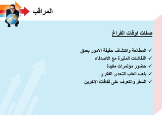 ‫المراقب‬
‫الفراغ‬ ‫اوقات‬ ‫صفات‬
‫بعمق‬ ‫االمور‬ ‫حقٌقة‬ ‫واكتشاؾ‬ ‫المطالعة‬
‫االصدقاء‬ ‫مع‬ ‫المثٌرة‬ ‫النقاشات‬
‫مفٌدة‬ ‫مؤتمرات‬ ‫حضور‬
‫الفكري‬ ‫التحدى‬ ‫العاب‬ ‫ٌلعب‬
‫االخرٌن‬ ‫ثقافات‬ ‫على‬ ‫والتعرؾ‬ ‫السفر‬
 
