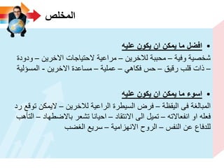 ‫المخلص‬
•‫علٌه‬ ‫ٌكون‬ ‫ان‬ ‫ٌمكن‬ ‫ما‬ ‫افضل‬
‫وفٌة‬ ‫شخصٌة‬–‫لالخرٌن‬ ‫محببة‬–‫االخرٌن‬ ‫الحتٌاجات‬ ‫مراعٌة‬–‫ودودة‬
–‫رقٌق‬ ‫قلب‬ ‫ذات‬–ً‫فكاه‬ ‫حس‬–‫عملٌة‬–‫االخرٌن‬ ‫مساعدة‬-‫المسؤلٌة‬
•‫علٌه‬ ‫ٌكون‬ ‫ان‬ ‫ٌمكن‬ ‫ما‬ ‫اسوء‬
‫الٌقظة‬ ‫فى‬ ‫المبالغة‬–‫لالخرٌن‬ ‫الراعٌة‬ ‫السٌطرة‬ ‫فرض‬–‫رد‬ ‫توقع‬ ‫الٌمكن‬
‫انفعاالته‬ ‫او‬ ‫فعله‬–‫االنتقاد‬ ‫الى‬ ‫تمٌل‬–‫باالضطهاد‬ ‫تشعر‬ ‫احٌانا‬–‫التأهب‬
‫النفس‬ ‫عن‬ ‫للدفاع‬–‫االنهزامٌة‬ ‫الروح‬–‫الغضب‬ ‫سرٌع‬
 