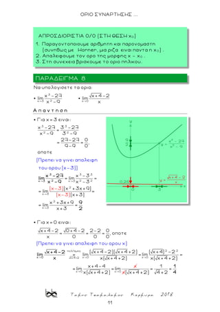 Τακης Τσακαλακος Κερκυρα 2018
11
ΟΡΙΟ ΣΥΝΑΡΤΗΣΗΣ ...
3
2x 3 x 0
Nα υπολογισετε τα ορια:
x -27 x+4-2
lim lim
x -9 x
Α π α ν τ η σ η
3 3
2 2
3 3
2 2x 3
(Πρεπει να γινει απαλειφ
Για x= 3 ειναι:
x -27 3 -27
=
x -9 3 -9
27-27 0
η
του ορου (x-3))
= = ,
9-9 0
οποτε
x -3
= lim
x -3
3
2x 3
x -27
lim
x -9
2
x 3
2
x 3
πολ/σμος
x+4+2
(x +3x+9)
= lim =
(x+3)
x +3x+9
= lim =
x+3
Για x= 0 ειναι:
x+4-2 0+4-
(Πρεπει να γινει απαλειφη του ορου x)
2 2-2 0
= = = , οποτε
x 0 0
(x
0
-3)
=
(x-3)
x 0
9
2
x+4-2
lim
x
2 2
x 0 x 0
x 0 x 0
( x+4-2)( x+4 +2) ( x+4) -2
lim = lim =
x( x+4 +2) x( x+4 +2)
x+4-4
= lim = lim
x( x
x
+4 +2) x
1
= =
( x+4 +2) 4 +2
1
4
ΠΑΡΑΔΕΙΓΜΑ 8
ΑΠΡΟΣΔΙΟΡΙΣΤΙΑ 0/0 (ΣΤΗ ΘΕΣΗ χ0 )
1. Παραγοντοποιουμε αριθμητη και παρονομαστη
(συνηθως με Horner, μια ριζα ειναι παντα η x 0 ) .
2. Απαλειφουμε τον ορο της μορφης x - x0 .
3. Στη συνεχεια βρισκουμε το οριο πηλικου.
 