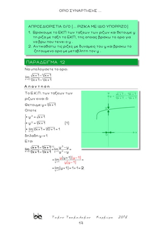 Τακης Τσακαλακος Κερκυρα 2018
17
ΟΡΙΟ ΣΥΝΑΡΤΗΣΗΣ ...
6
3 6x 0
Nα υπολογισετε το οριο:
x+1- x+1
lim
x+1- x+1
Α π α ν τ η σ η

6
3
32
6 6
x 0
3(1)
2y 1
Το Ε.Κ.Π. των ταξεων των
ριζων ειναι:6
Θετουμε y= x+1
Oποτε
y = x+1
y = x+1 (1)
lim x+1= 0+1= 1
δηλαδη y 1
Eτσι
y -y
=lim =
y -y
6
3 6x 0
x+1- x+1
lim
x+1- x+1
y 1
y 1
y (y-1)
y(y-1)
(y+1)
= lim =
= lim(y+1)= 1+1= 2
ΠΑΡΑΔΕΙΓΜΑ 12
ΑΠΡΟΣΔΙΟΡΙΣΤΙΑ 0/0 (... ΡΙΖΙΚΑ ΜΕ ΙΔΙΟ ΥΠΟΡΡΙΖΟ)
1. Βρισκουμε το ΕΚΠ των ταξεων των ριζων και θετουμε y
τη ριζα με ταξη το ΕΚΠ, της οποιας βρισκω το οριο για
να βρω που τεινει ο y .
2. Αντικαθιστω τις ριζες με δυναμεις του y και βρισκω το
ζητουμενο οριο με μεταβλητη τον y .
 