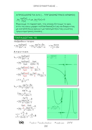 Τακης Τσακαλακος Κερκυρα 2018
22
ΟΡΙΟ ΣΥΝΑΡΤΗΣΗΣ ...
2
2 3 2 πx 0 x 0
x
2
Να βρεθoυν τα ορια:
ημ(ημx) εφ x-3x συνx
lim lim lim
2x -x x +2x -x π-2x
Α π α ν τ η σ η
2x 0
x 0
x 0
x 0 x 0 x 0
ημx x
η
ημ(ημx)
lim
2x -x
ημ(ημx) ημx
= lim ×
ημx x(2x-1)
ημ( ) ημ 1
= lim × ×
2x-1
ημ( ) ημ 1
= lim × lim × lim
2x
μx x
ημx x
η -1
1
= 1× 1× = 1
2-
μx x
1
1
L
2
3 2x 0
2
:x
2x 0
2
2
2x 0
2
2x 0
ημ0=0
συν0=1
εφ x-3x
lim
x +2x -x
εφ x
-3
x= lim
x +2x-1
ημ x
-3
xσυν x= lim
x +2x-1
ημ ημx
× -3
συν x= lim
x +2x-1
0
1× -3
-31= = =
0+0-1 -1
x
x
2
L
3
ΠΑΡΑΔΕΙΓΜΑ 15
ΑΠΡΟΣΔΙΟΡΙΣΤΙΑ 0/0 (... ΤΡΙΓΩΝΟΜΕΤΡΙΚΟΙ ΑΡΙΘΜΟΙ)
Φερνουμε τη παρασταση, της οποιας ζητουμε το οριο,
στην πιο πανω μορφη πολλαπλασιαζοντας και διαιρωντας
με καταλληλους ορους η μετασχηματιζοντας γνωστες
τριγωνομετρικες σχεσεις .
 