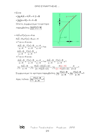 Τακης Τσακαλακος Κερκυρα 2018
29
ΟΡΙΟ ΣΥΝΑΡΤΗΣΗΣ ...
Ειναι
= 4 4 = 4× 2=
= 4+4=
Οποτε, συμφωνα με το κριτηριο
παρεμβολης:
4 x f(x) x+4
4 x-8 f(x)-8 x-4
Για x< 4 ειναι:
4 x-8
x-
x 4
x 4
x 4
lim 4 x 8
lim(x+4) 8
limf(x)= 8
± ± ±
x 4 x 4 x 4
f(x)-8 x-4
= 1
4 x-4 x-4
f(x)-84 x-8
1
x-4 x-4
Για x> 4 ειναι:
f(x)-8 f(x)-84 x-8 x-4 4 x-8
= 1 1
x-4 x-4 x-4 x-4 x-4
4( x-2)( x +2) 44 x-8
lim = lim = lim
x-4 (x-4)( x +
x 4)
2)
( - 4
= = 1
2+2( x +2)
Συμφωνα με το κριτηριο παρεμβολης:
Aρα, τ
(x-4
ε
)
λικα:
- +
x 4 x 4
x 4
f(x)-8 f(x)-8
lim = lim = 1
x-4 x-4
f(x)-8
lim = 1
x-4
 