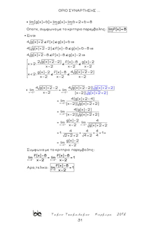 Τακης Τσακαλακος Κερκυρα 2018
31
ΟΡΙΟ ΣΥΝΑΡΤΗΣΗΣ ...
x 2 x 2 x 2
x 2
lim[g(x)+6]= limg(x)+ lim6 = 2+6 = 8
Οποτε, συμφωνα με το κριτηριο παρεμβολης: limf(x)= 8
±
x 2
Ειναι
4 g(x)+2 f(x) g(x)+6
4( g(x)+2-2) f(x)-8 g(x)+6-8
4 g(x)+2-8 f(x)-8 g(x)-2
2 g(x)+2-2) f(x)-8 g(x)-2
x> 2:
x-2 x-2 x-2
4 g(x)+2-2)g(x)-2 f(x)-8
x< 2:
x-2 x-2 x-2
4 g(x)+2
lim ±
±
±
x 2
x 2
x 2
-2 4 g(x)+2-2)
= lim
x-2 (x-2)
4(g(x)+2-4)
= lim
(x-2)( g(x)+2 +2)
4(g(x
= lim
( g(x)+2 +2)
( g(x)+2 +2)
± ±
x 2 x 2
)-2)
(x-2)( g(x)+2 +2)
g(x)-2 4
= lim × lim
x-2 g(x)+2 +2
4 4 4
= 1× = = = 1=
42+2 +2 4 +2
±
x 2
g(x)-2
= lim
x-2
Συμφωνα με το κριτηριο παρεμβολης:
Aρα,τελικα:
- +
x 2 x 2
x 2
f(x)-8 f(x)-8
lim = lim = 1
x-2 x-2
f(x)-8
lim = 1
x-2
 