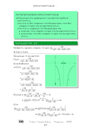 Τακης Τσακαλακος Κερκυρα 2018
37
ΟΡΙΟ ΣΥΝΑΡΤΗΣΗΣ ...
Να βρειτε, εφοσον υπαρχει, το οριο
x 9
-12
lim
3 9 27
Α π α ν τ η σ η
Θεωρουμε τη συναρτηση
f(x)=
-12
3 9 27
Ειναι διαδοχικα
● f(x)=
-12
3 9 27
2
-12
=
(χ-9) χ-3(χ-9)
-12
=
(χ-9)( χ-3)
-12
=
( χ +3)( χ-3)( χ-3)
-12 1
=
χ +3 ( χ-3)
Εχουμε ●
x 9
-12 -12 -12
lim 2
6χ +3 9 +3
●
2
( χ-3) 0
2
2x 9 x 9
1
lim[( χ-3) ] 0 ~ lim
( χ-3)
Ετσι
2x 9 x 9 x 9
2x 9 x 9
-12 -12 1
lim ` limf(x)` lim
3 9 27 χ +3 ( χ-3)
-12 1
` lim lim ` 2 ( )
χ +3 ( χ-3)
ΜΗ ΠΕΠΕΡΑΣΜΕΝΟ ΟΡΙΟ ΣΥΝΑΡΤΗΣΗΣ
● Ελεγχουμε στο γραφημα αν η συναρτηση οριζεται
κοντα στο χ0
● Αν στο χ0 δεν υπαρχουν τα πλευρικα ορια, τοτε δεν
υπαρχει το οριο της συναρτησης στο χ0
● Αν στο χ0 υπαρχουν τα πλευρικα ορια και
● ειναι ισα, τοτε υπαρχει το οριο της συναρτησης στο χ0
● ειναι ανισα, τοτε δεν υπαρχει το οριο της συναρτησης
στο χ0
ΠΑΡΑΔΕΙΓΜΑ 23
 