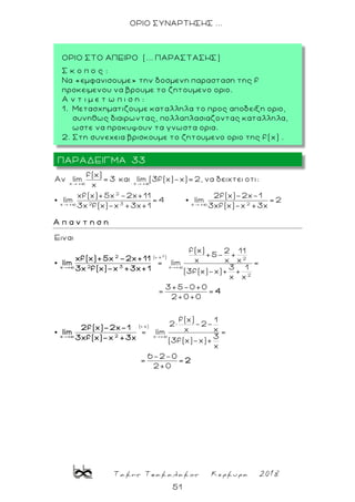 Τακης Τσακαλακος Κερκυρα 2018
51
ΟΡΙΟ ΣΥΝΑΡΤΗΣΗΣ ...
x + x +
2
2 3 2x x +
f(x)
Αν lim = 3 και lim (3f(x)-x)= 2, να δειχτει οτι:
x
xf(x)+5x -2x+11 2f(x)-2x-1
lim = 4 lim = 2
3x f(x)-x +3x+1 3xf(x)-x +3x
Α π α ν τ η σ η
2
( x ) 2
x +
2
Eιναι
f(x) 2 11
+5- +
x x x= lim =
3 1
(3f(x)-x)+ +
x x
3+5-0+0
= =
2+0+0
2
2 3x +
x
xf(x)+5x -2x+11
lim
3x f(x)-x +3x+1
4
lim
( x)
x +
f(x) 1
2× -2-
x x= lim =
3
(3f(x)-x)+
x
6-2-0
= =
2+0
2+
2f(x)-2x-1
3xf(x)-x +3x
2
ΟΡΙΟ ΣΤΟ ΑΠΕΙΡΟ (... ΠΑΡΑΣΤΑΣΗΣ)
Σ κ ο π ο ς :
Να «εμφανισουμε» την δοσμενη παρασταση της f
προκειμενου να βρουμε το ζητουμενο οριο.
A ν τ ι μ ε τ ω π ι σ η :
1. Μετασχηματιζουμε καταλληλα το προς αποδειξη οριο,
συνηθως διαιρωντας, πολλαπλασιαζοντας καταλληλα,
ωστε να προκυψουν τα γνωστα ορια.
2. Στη συνεχεια βρισκουμε το ζητουμενο οριο της f(x) .
ΠΑΡΑΔΕΙΓΜΑ 33
 