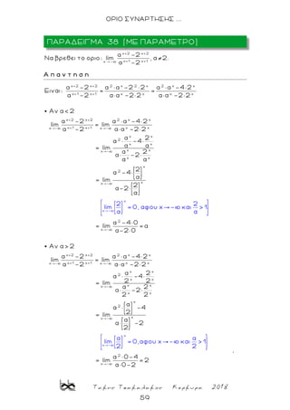 Τακης Τσακαλακος Κερκυρα 2018
59
ΟΡΙΟ ΣΥΝΑΡΤΗΣΗΣ ...
x+2 x+2
x+1 x+1x -
α -2
Nα βρεθει το οριο: lim , α 2.
α -2
Α π α ν τ η σ η
x+2 x+2 2 x 2 x 2 x x
x+1 x+1 x x x x
x+2 x+2 2 x x
x+1 x+1 x xx - x -
α -2 α × α -2 × 2 α × α -4× 2
Ειναι: = =
α -2 α× α -2× 2 α× α -2× 2
Αν α< 2
α -2 α × α -4× 2
lim = lim
α -2 α× α -2× 2
x x
2
x x
x xx -
x x
x
2
xx -
α 2
α × -4×
α α= lim
α 2
α× -2×
α α
2
α -4×
α
= lim
2
α-2×
α
2
x -
x+2 x+2
x+1 xx
x
x -
-
α -4× 0
= li
2 2
m = α
α-2
lim = 0, αφου x - και > 1
α α
× 0
Αν α> 2
α -2
lim
α -2
2 x x
+1 x xx -
x x
2
x x
x xx -
x x
2
x -
α × α -4× 2
= lim
α× α -2× 2
α 2
α × -4×
2 2= lim
α 2
α× -2×
2 2
α
α ×
2
= lim
x
x
x
2
x
x -
-
α α
lim = 0,αφου x - κα
-4
α
α× -2
2
α × 0-4
= lim = 2
α× 0-
ι
2
> 1
2 2
.
ΠΑΡΑΔΕΙΓΜΑ 38 (ΜΕ ΠΑΡΑΜΕΤΡΟ)
 