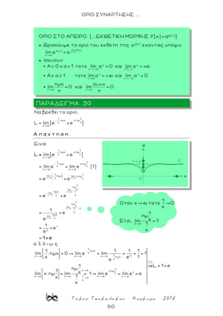 Τακης Τσακαλακος Κερκυρα 2018
60
ΟΡΙΟ ΣΥΝΑΡΤΗΣΗΣ ...
1 1
- ×ημx x×ημ
x x
x
Nα βρεθει το οριo:
L= lim[e +e ]
Α π α ν τ η σ η
x x
x
x
x
1 1
- ημx x ημ
x x
x
1 1
- ημx x ημ
x x
x x
1 1
lim - ημx lim ημ
x x
1
ημ
xlim
ημx
- lim
x
l
ημx
lim
x
1
x
x
Ειναι
lim[e +e ]
= lim e + lim e (1)
= e +e
= e +e
1
= +e
e
L=
x
1
ημ
xim
1
x
1
0
1
= +e
e
= 1+e
α λ λ ι ω ς
1
- ημx
x
1 0x x x ημx
x
(1)
1
x ημ
1x
x x x x1
0
x
1 1 1 1
lim ημx 0 lim e lim 1
x e 1
e
L 1 e1
ημ
1 xlim x ημ lim 1 lim e lim e e
1x
x
ΠΑΡΑΔΕΙΓΜΑ 39
ΟΡΙΟ ΣΤΟ ΑΠΕΙΡΟ (...ΕΚΘΕΤΙΚΗ ΜΟΡΦΗΣ f(x)=ag( x)
)
 Βρισκουμε το οριο του εκθετη της εχοντας υποψιν
 Ισχυουν
x
1
Οταν x τοτε 0
x
1
ημ
xΕτσι, lim = 1
1
x
 