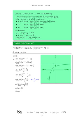Τακης Τσακαλακος Κερκυρα 2018
61
ΟΡΙΟ ΣΥΝΑΡΤΗΣΗΣ ...
x+1
x
Nα βρεθει το οριο: L= lim[ln(e -1)-x]
Α π α ν τ η σ η
x+1
x
x+1
x
x+1 x
x
x+1
xx
x+1
x xx
x
Eιναι
lim[ln(e -1)-x]
= lim[ln(e -1)-x]
= lim[ln(e -1)-lne ]
e -1
= lim[ln ]
e
e 1
= lim[ln( - )]
e e
= lim[ln(e-
L=
x
xx
x
1
)]
e
1
=ln[lim(e- )]
e
=ln(e-0)
1
e
= e
- >
e
=
0
ln 1
ΠΑΡΑΔΕΙΓΜΑ 40
ΟΡΙΟ ΣΤΟ ΑΠΕΙΡΟ (... ΛΟΓΑΡΙΘΜΙΚΗ)
 Απλοποιουμε οσο γινεται τη συναρτηση g(x) .
 Aν το οριο της g(x) τεινει στο
 κ > 0 τοτε .
 0+
τοτε .
 þ τοτε .
 Ισχυουν :
 x = lnex
για
 x = e ln x
για x > 0
 .
 