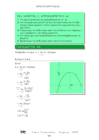 Τακης Τσακαλακος Κερκυρα 2018
66
ΟΡΙΟ ΣΥΝΑΡΤΗΣΗΣ ...
+
π
x
2
Nα βρεθει το οριο: L= lim (π-2x)εφx
Α π α ν τ η σ η
+
+
+
+
+
+
π
x
2
π
x
2
π
x
2
(0 )
π
x
2
π
x
2 2
2
π
x
2
2
Ειναι
lim (π-2x)εφx
π-2x
= lim
1
εφx
π-2x
= lim
σφx
(π-2x)'
= lim
(σφx)'
-2
= lim
1
-
ημx
= lim 2ημx
π
= 2 ημ
2
=
L=
2
2× 1 = 2
ΠΑΡΑΔΕΙΓΜΑ 45
DE L' HOSPITAL (... ΑΠΡΟΣΔΙΟΡΙΣΤΙΑ 0 × þ)
1. Το οριο καταληγει σε απροσδιοριστια 0 ∙ þ
2. Αντιστρεφουμε μια απ’τις δυο συναρτησεις και την βα -
ζουμε παρονομαστη, οποτε προκυπτει οριο ρητης συν-
αρτησης.
3. Παιρνουμε το ισοδυναμο οριο του πηλικου των παραγω -
γων (αριθμητη και παρονομαστη).
4. Αν προκυψει νεα απροσδιοριστια, επαναλαμβανουμε το
βημα 3 .
5. Βρισκουμε το ισοδυναμο οριο, κατα τα γνωστα.
 