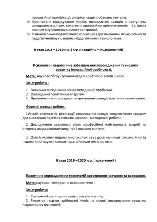 професійноїкваліфікації, систематизація побажань вчителів.
4) Фронтальне відвідування уроків, позакласних заходів з наступним
оглядовим аналізом, виявлення професійного рівня вчителів ( згідно з
планом внутрішньошкільного контролю).
5) Ознайомлення педагогічного колективуз досягненнямипсихологічноїта
педагогічноїнауки, новимипедагогічнимитехнологіями.
ІІ етап 2018 – 2019 н.р. ( Організаційно –моделюючий)
Психолого - педагогічне забезпечення впровадження технологій
розвитку інноваційної особистості.
Мета: науковеобґрунтуваннямоделікреативноїосвітишколи.
Змістроботи :
1. Вивчення методичних основ методичноїпроблеми.
2. Оволодіння понятійним апаратом.
3. Проектування впровадження креативнихметодів навчаннята виховання.
Форми і методи роботи:
1.Аналіз результатів реалізації спланованих заходів педагогічного процесу
для виявлення окремихаспектів науково - методичної роботи:
2. Дослідження реального рівня професійної майстерності, потреб та
інтересів як усього колективу, так і кожного вчителя.
3. Ознайомлення педагогічного колективу з досягненнямипсихологічноїта
педагогічноїнауки, новимипедагогічнимитехнологіями.
ІІ етап 2019 – 2020 н.р. ( креативний)
Практичне впровадження технологій креативногонавчання та виховання.
Мета:науково - методичне освоєння теми .
Змістроботи:
1. Системний моніторинг освітнього рівня учнів;
2. Розвиток творчих здібностей учнів на основі використання сучасних
педагогічнихтехнологій;
 