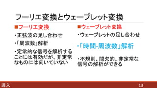 フーリエ変換とウェーブレット変換
フーリエ変換
・正弦波の足し合わせ
・「周波数」解析
・定常的な信号を解析する
ことには有効だが、非定常
なものには向いていない
13導入
ウェーブレット変換
・ウェーブレットの足し合わせ
・不規則、間欠的、非定常な
信号の解析ができる
・「時間-周波数」解析
 