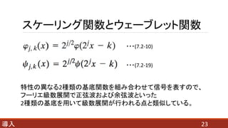 スケーリング関数とウェーブレット関数
23導入
特性の異なる2種類の基底関数を組み合わせて信号を表すので、
フーリエ級数展開で正弦波および余弦波といった
2種類の基底を用いて級数展開が行われる点と類似している。
・・・(7.2-19)
・・・(7.2-10)
 