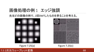 687.5 2次元ウェーブレット変換
画像処理の例 1 エッジ強調
先ほどの画像の例で、2回DWTしたものを弄ることを考える。
Figure 7.25(a) Figure 7.25(c)
 