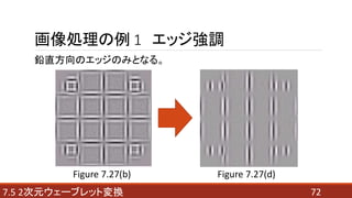 727.5 2次元ウェーブレット変換
画像処理の例 1 エッジ強調
鉛直方向のエッジのみとなる。
Figure 7.27(b) Figure 7.27(d)
 