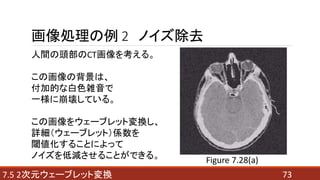 737.5 2次元ウェーブレット変換
画像処理の例 2 ノイズ除去
人間の頭部のCT画像を考える。
この画像の背景は、
付加的な白色雑音で
一様に崩壊している。
この画像をウェーブレット変換し、
詳細（ウェーブレット）係数を
閾値化することによって
ノイズを低減させることができる。 Figure 7.28(a)
 