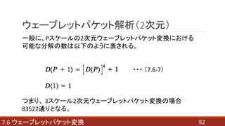 927.6 ウェーブレットパケット変換
一般に、Pスケールの2次元ウェーブレットパケット変換における
可能な分解の数は以下のように表される。
つまり、 3スケール2次元ウェーブレットパケット変換の場合
83522通りとなる。
・・・ （7.6-7）
ウェーブレットパケット解析（2次元）
 