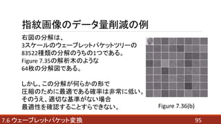 957.6 ウェーブレットパケット変換
指紋画像のデータ量削減の例
右図の分解は、
3スケールのウェーブレットパケットツリーの
83522種類の分解のうちの1つである。
Figure 7.35の解析木のような
64枚の分解図である。
しかし、この分解が何らかの形で
圧縮のために最適である確率は非常に低い。
そのうえ、適切な基準がない場合
最適性を確認することすらできない。 Figure 7.36(b)
 