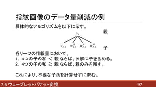 977.6 ウェーブレットパケット変換
指紋画像のデータ量削減の例
具体的なアルゴリズムを以下に示す。
親
子
各リーフの情報量において、
1. 4つの子の和 ＜ 親 ならば、分解に子を含める。
2. 4つの子の和 ≧ 親 ならば、親のみを残す。
これにより、不要な子孫を計算せずに済む。
 