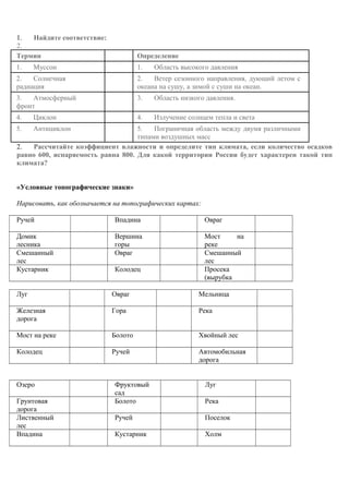 1. Найдите соответствие:
2.
Термин Определение
1. Муссон 1. Область высокого давления
2. Солнечная
радиация
2. Ветер сезонного направления, дующий летом с
океана на сушу, а зимой с суши на океан.
3. Атмосферный
фронт
3. Область низкого давления.
4. Циклон 4. Излучение солнцем тепла и света
5. Антициклон 5. Пограничная область между двумя различными
типами воздушных масс
2. Рассчитайте коэффициент влажности и определите тип климата, если количество осадков
равно 600, испаряемость равна 800. Для какой территории России будет характерен такой тип
климата?
«Условные топографические знаки»
Нарисовать, как обозначается на топографических картах:
Ручей Впадина Овраг
Домик
лесника
Вершина
горы
Мост на
реке
Смешанный
лес
Овраг Смешанный
лес
Кустарник Колодец Просека
(вырубка
Луг Овраг Мельница
Железная
дорога
Гора Река
Мост на реке Болото Хвойный лес
Колодец Ручей Автомобильная
дорога
Озеро Фруктовый
сад
Луг
Грунтовая
дорога
Болото Река
Лиственный
лес
Ручей Поселок
Впадина Кустарник Холм
 