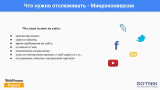 Что нужно отслеживать - Микроконверсии
Что люди делают на сайте:
● просмотры видео;
● скролл страниц;
● время пребывания на сайте;
● оставили отзыв;
● подписались на рассылку;
● клик по контактным данным, e-mail адресу и т.п.;
● отслеживать события электронной торговли
 