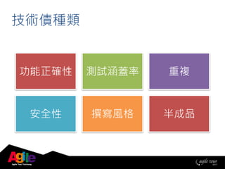 功能正確性 測試涵蓋率 重複
安全性 撰寫風格 半成品
技術債種類
 