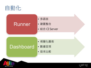 自動化
• 多語言
• 建置整合
• 結合 CI Server
Runner
• 視覺化圖表
• 數據呈現
• 版本比較
Dashboard
 