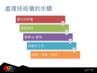 處理技術債的步驟
量化技術債
撰寫測試
重構 or 重寫
自動化工作
追蹤、排序、修改
 