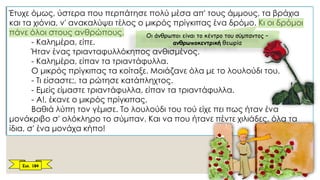 Έτυχε όμως, ύστερα που περπάτησε πολύ μέσα απ' τους άμμους, τα βράχια
και τα χιόνια, ν' ανακαλύψει τέλος ο μικρός πρίγκιπας ένα δρόμο. Κι οι δρόμοι
πάνε όλοι στους ανθρώπους.
- Καλημέρα, είπε.
Ήταν ένας τριανταφυλλόκηπος ανθισμένος.
- Καλημέρα, είπαν τα τριαντάφυλλα.
Ο μικρός πρίγκιπας τα κοίταξε. Μοιάζανε όλα με το λουλούδι του.
- Τι είσαστε;, τα ρώτησε κατάπληχτος.
- Εμείς είμαστε τριαντάφυλλα, είπαν τα τριαντάφυλλα.
- Α!, έκανε ο μικρός πρίγκιπας.
Βαθιά λύπη τον γέμισε. Το λουλούδι του τού είχε πει πως ήταν ένα
μονάκριβο σ' ολόκληρο το σύμπαν. Και να που ήτανε πέντε χιλιάδες, όλα τα
ίδια, σ' ένα μονάχα κήπο!
Οι άνθρωποι είναι το κέντρο του σύμπαντος –
ανθρωποκεντρική θεωρία
Σελ. 184
 