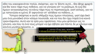 «Θα του κακοφαινόταν πολύ», σκέφτηκε, «αν το 'βλεπε αυτό... Θα έβηχε φριχτά
και θα 'κανε τάχα πως πεθαίνει, για να γλιτώσει απ' το ρεζίλεμα. Κι εγώ θα
ήμουν αναγκασμένος να κάνω τάχα πως το περιποιούμαι, γιατί αλλιώς, για να
με ταπεινώσει κι εμένα, θ' αφηνόταν στ' αλήθεια να πεθάνει...».
Ύστερα σκέφτηκε κι αυτό: «Νόμιζα πως ήμουν πλούσιος, γιατί είχα δικό
μου ένα μοναδικό στον κόσμο λουλούδι, και να που δεν έχω παρά ένα κοινό
τριαντάφυλλο. Αυτό και τα τρία μου ηφαίστεια, που μου φτάνουν ως το
γόνατο, και που το ένα τους μπορεί να έχει σβήσει για πάντα, δε με κάνουν και
κανένα μεγάλο πρίγκιπα...».
α΄ ενότητα «Έτυχε όμως...πρίγκιπα»
Η οδυνηρή διαπίστωση και το ξέσπασμα του μικρού πρίγκιπα
Η απογοήτευση του μικρού πρίγκιπα καθώς είδε χιλιάδες
τριαντάφυλλα όμοια με το δικό του, που το θεωρούσε
μοναδικό στο σύμπαν (εκτεταμένος πλαγιότιτλος)
Σελ. 184
 