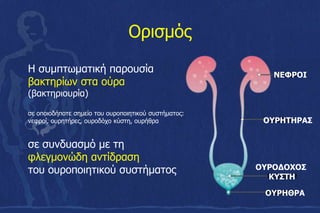 Ορισμός
Η συμπτωματική παρουσία
βακτηρίων στα ούρα
(βακτηριουρία)
σε οποιοδήποτε σημείο του ουροποιητικού συστήματος:
νεφροί, ουρητήρες, ουροδόχο κύστη, ουρήθρα
σε συνδυασμό με τη
φλεγμονώδη αντίδραση
του ουροποιητικού συστήματος
ΝΕΦΡΟΙ
ΟΥΡΗΤΗΡΑΣ
ΟΥΡΟΔΟΧΟΣ
ΚΥΣΤΗ
ΟΥΡΗΘΡΑ
 