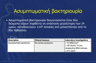 Ασυμπτωματική βακτηριουρία
• Ασυμπτωματική βακτηριουρία διαγιγνώσκεται όταν δύο
δείγματα ούρων ληφθέντα σε απόσταση μεγαλύτερη των 24
ωρών, καταδεικνύουν ≥105 αποικίες ανά χιλιοστόλιτρο από το
ίδιο παθογόνο.
 