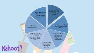 ‫عن‬ ‫عبارة‬ ‫هو‬ ‫كاهوت‬
‫مجموعة‬ ‫يستخدم‬ ‫تطبيق‬
‫المتعددة‬ ‫األسئلة‬ ‫من‬
‫الخيارات‬.
‫يقدم‬“‫كاهوت‬”‫التعلم‬ ‫مفهوم‬
‫الدراس‬ ‫الفصول‬ ‫في‬ ‫باللعب‬‫ية‬
‫التكنولوجيا‬ ‫استخدام‬ ‫عبر‬.
‫باإلجابة‬ ‫متعلم‬ ‫كل‬ ‫يقوم‬
‫فترة‬ ‫ضمن‬ ‫بسرعة‬
،‫محددة‬ُ‫حيث‬‫تظهر‬
‫الشاشة‬ ‫على‬ ‫أمامهم‬
‫والنقاط‬ ‫أسماؤهم‬
‫هناك‬‫أربعة‬‫من‬ ‫أنواع‬
‫الكاهوت‬:،‫االختبار‬
‫المناقشة‬،‫اللعب‬
‫واالستبيان‬
‫يعمل‬‫كاهوت‬‫داخل‬‫الفصول‬
‫الدراسية‬‫أن‬ ‫بمعنى‬ ،‫وخارجها‬
‫والمعلم‬ ‫الطالب‬ ‫يكون‬
‫أو‬ ‫ذاته‬ ‫المكان‬ ‫في‬ ‫متواجدين‬
‫حول‬ ‫شخص‬ ‫أي‬ ‫مع‬ ‫اللعب‬
‫العالم‬.
‫ضمن‬ ‫اللعب‬ ‫يتم‬ ‫أن‬ ‫يمكن‬
‫بشكل‬ ‫أو‬ ‫فريق‬‫فردي‬
‫األسئلة‬ ‫عرض‬ ‫يتم‬ ‫شاشة‬
‫الطالب‬ ‫أمام‬.‫والطالب‬
‫الفور‬ ‫على‬ ‫يستجيبون‬
‫الذكية‬ ‫أجهزتهم‬ ‫باستخدام‬
 