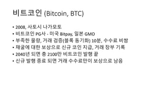 비트코인 (Bitcoin,	BTC)
• 2008, 사토시 나가모토
• 비트코인 PG사 - 미국 Bitpay,	일본 GMO	
• 부족한 물량, 거래 검증(블록 동기화) 10분, 수수료 비쌈
• 채굴에 대한 보상으로 신규 코인 지급, 거래 장부 기록
• 2040년 되면 총 2100만 비트코인 발행 끝
• 신규 발행 종료 되면 거래 수수료만이 보상으로 남음
 