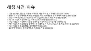 해킹 사건, 이슈
• 기본 ssh 자격 증명을 이용해 이더리움 채굴 수익을 가로채는 공격 (2017.11.1)
• 160개 국의 연간 에너지 사용량 보다 많은 비트코인 채굴용 전력 에너지 사용량 (2017.11.27)
• 코인파우치(CoinPouch)가 공개한 XVG	Verge	Wallet	노드 해킹 사건 (2017.11.27)
• 최대의 크립토커런시 마이닝 마켓 NiceHash 해킹 사건 (2017.12.6)
• 코인파런던의 가상화폐 기업을 공격하는 라자루스(Lazarus)	그룹 (2017.12.15)
• 백그라운드에서 동영상을 반복적으로 재생하는 가짜 MinerBlock 크롬 확장 프로그램 (2017.1.9)
• 이더리움으로 몸값을 받는 HC7	랜섬웨어 (2018.1.9)
• 2년동안 패치되지 않은 일렉트럼 비트코인 지갑 (2018.1.10)
 