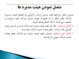 ‫مدیران‬‫عامل‬‫شرکتها‬‫اغلب‬‫مدیران‬‫ارشد‬‫و‬‫اجرایی‬(‫و‬‫اعضای‬‫هیئت‬‫مدیره‬)
‫شرکت‬‫های‬‫دییر‬‫را‬‫به‬‫عضویت‬‫هیئت‬‫مدیره‬‫شرکت‬‫خود‬‫درآورده‬‫و‬
‫منصوب‬‫می‬‫کنند‬‫تا‬‫یک‬‫اتصال‬‫بوجود‬‫آورند‬.
‫اتصال‬‫مستقیم‬:‫یک‬‫نفر‬‫عضو‬‫هیئت‬‫مدیره‬‫دو‬‫شرکت‬‫است‬‫و‬‫یا‬‫مدیر‬‫ارشد‬
‫اجرایی‬‫یک‬‫شرکت‬‫ن‬‫عضو‬‫هیئت‬‫مدیره‬‫شرکت‬‫دو‬‫است‬.
‫اتصال‬‫غیر‬‫مستقیم‬:‫مدیران‬‫عضو‬‫هیئت‬‫مدیره‬‫دو‬‫شرکتن‬‫عضو‬‫هیئت‬
‫مدیره‬‫شرکت‬‫سومی‬‫نیز‬‫هستند‬
2.7 Interlocking Directorate
 