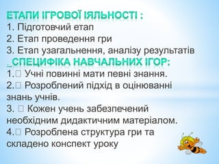 1. Підготовчий етап
2. Етап проведення гри
3. Етап узагальнення, аналізу результатів
.
1. Учні повинні мати певні знання.
2. Розроблений підхід в оцінюванні
знань учнів.
3. Кожен учень забезпечений
необхідним дидактичним матеріалом.
4. Розроблена структура гри та
складено конспект уроку
 
