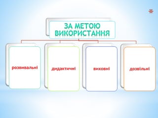 *
розвивальні дидактичні виховні дозвільні
 